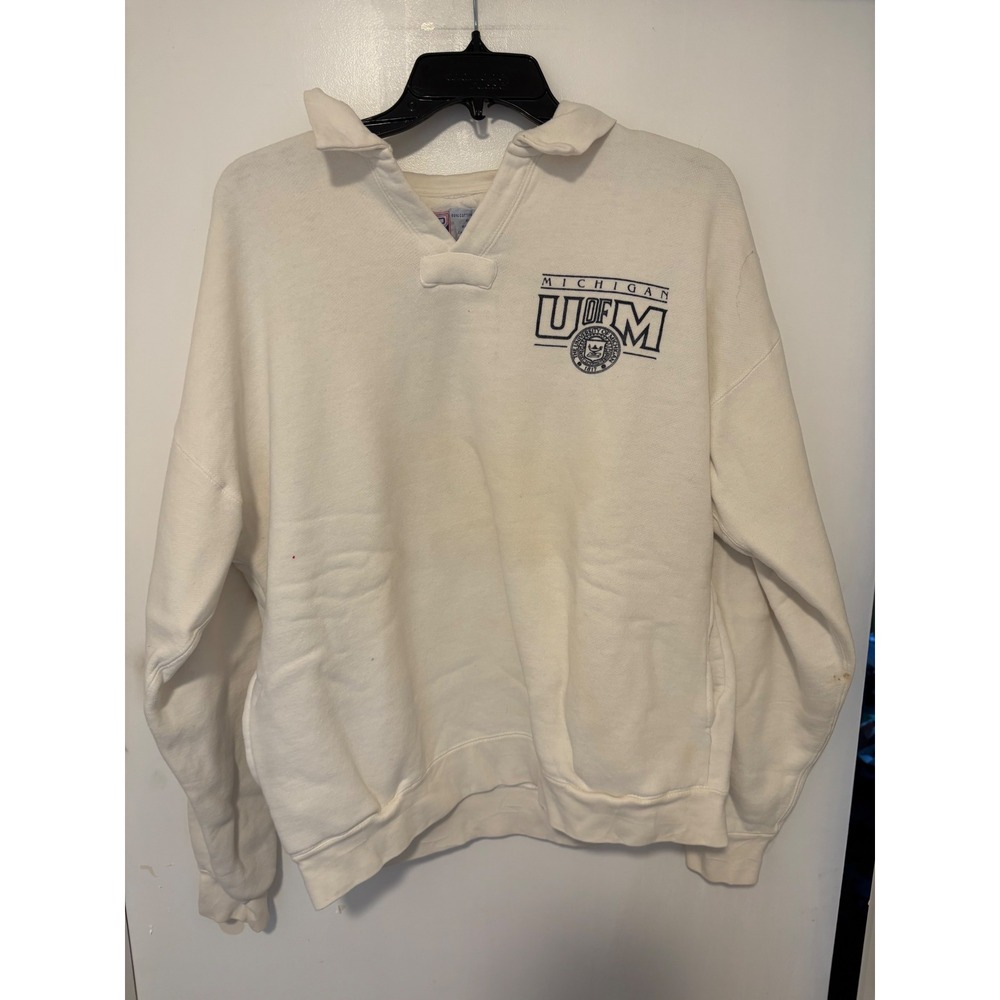 Vintage Logo 7 University of Michigan U of M thick polo  Mens Medium Cream 90s